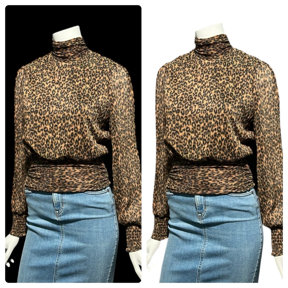 Bailey 44 Leopard Print Metallic Thread Long Sleeve Crinkled Blouse XS & S NWT